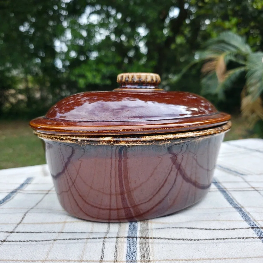 Hull Pottery Casserole Dish w/ Lid Oven Proof USA Mirror Brown Drip Oval 10 Inch